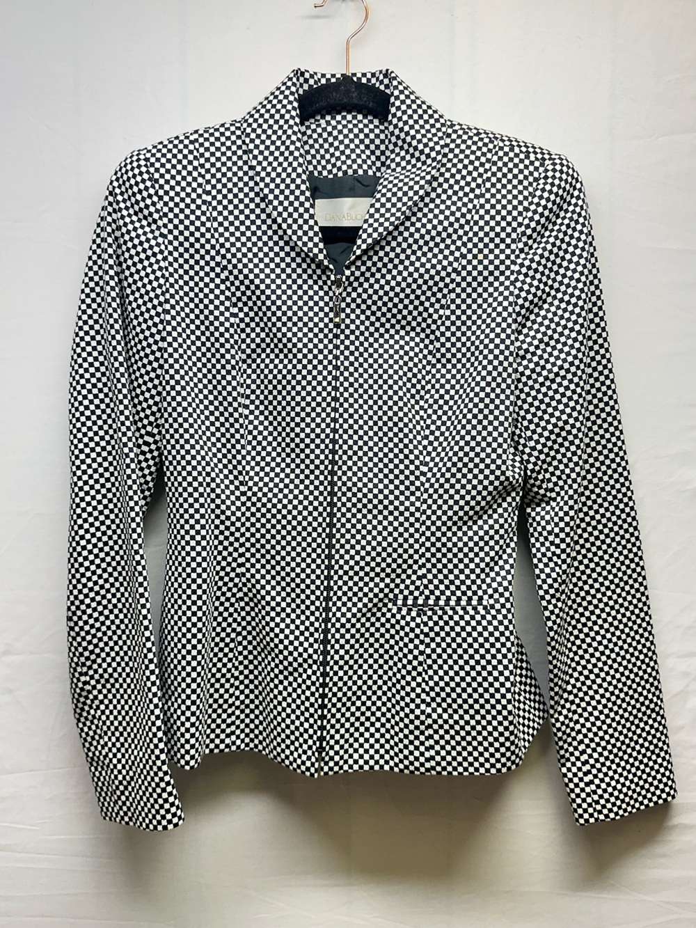 Dana Buchman Black & White 100% Cotton Checked Zip-Front Blazer